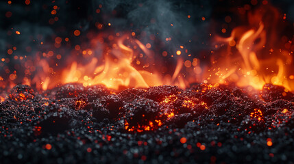 Fiery embers glowing intensely in dark background.