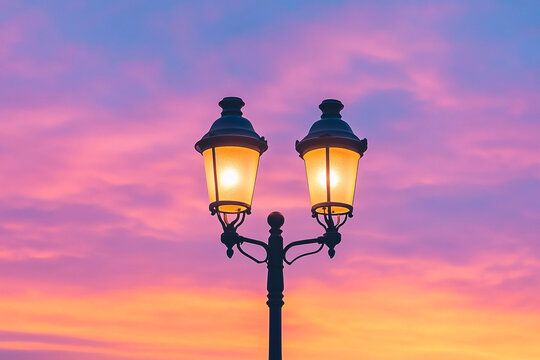 Silhouetted street lamp with a mesmerizing sunset backdrop illuminates twilight