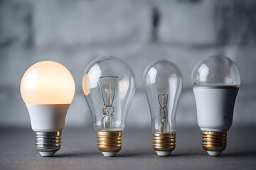 Glowing led bulb stands out among incandescent bulbs on gray surface, symbolizing innovation and energy efficiency in a modern world.