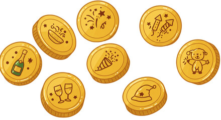 Golden coins with party icons vector graphic celebration new year festive design element holiday themed artwork on transparent background