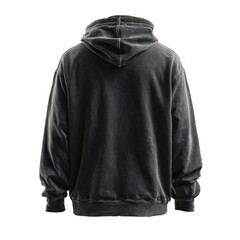 Back view of a dark gray, distressed hoodie