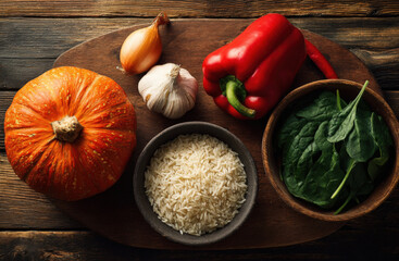 ingredients for the dish, including an orange pumpkin, fresh garlic clove, red bell pepper, onion, rice, and spinach on a wooden