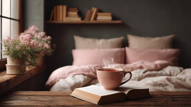 Interior of bedroom with unmade bed in pastel pink bedding, pillows, steaming cup of tea and open book on wooden table near window with flowers.