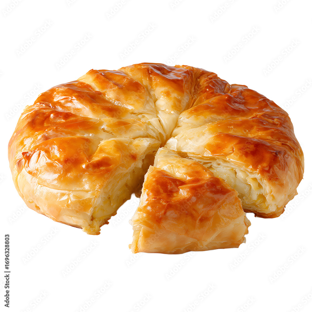 Aufkleber golden brown baked pie with flaky layers and a triangular piece cut out against a transparent backgr