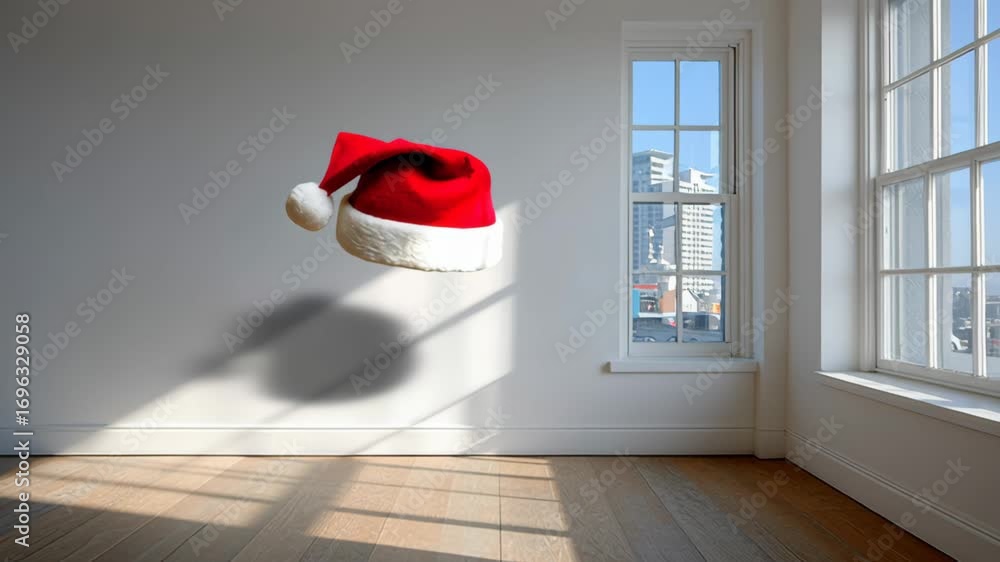Poster red hat is floating in the air above a window. the hat is upside down and he is floating in the air.