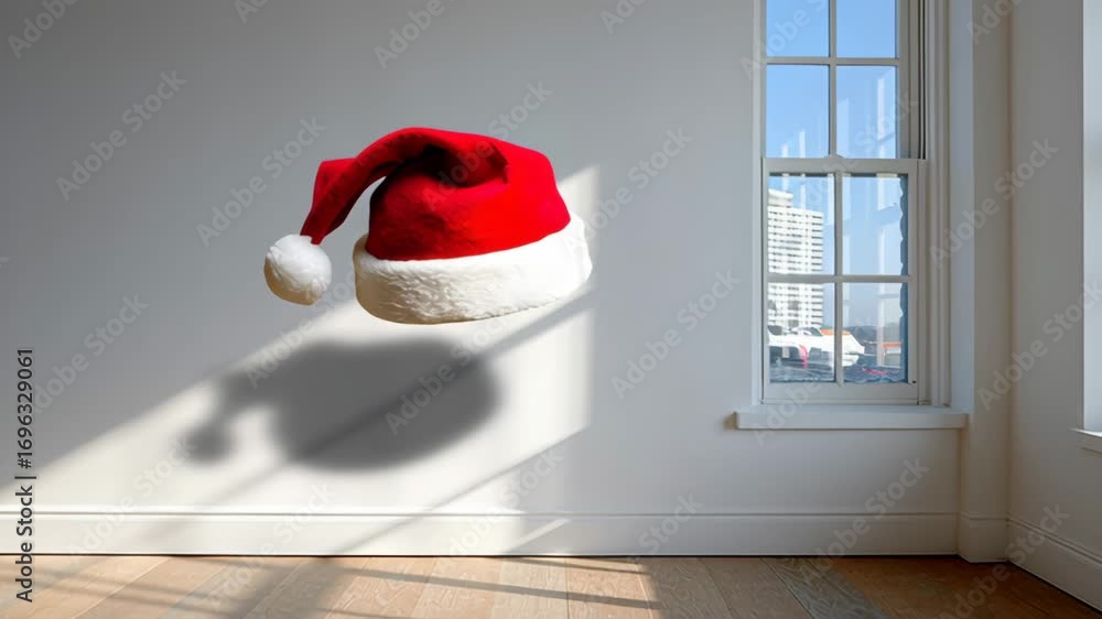 Poster red hat is floating in the air above a white room with a window. the hat is upside down and he is in