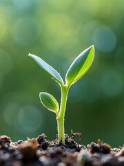 A young plant sprout emerging from soil with vibrant green leaves against a blurred natural background.