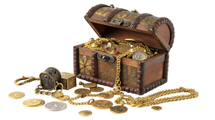 Ancient wooden treasure chest overflowing with gold coins and jewels on a reflective dark surface