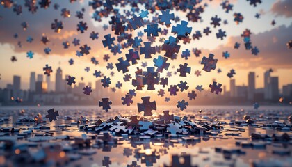 Scattered puzzle pieces floating and falling as the sun sets over an urban skyline creating a