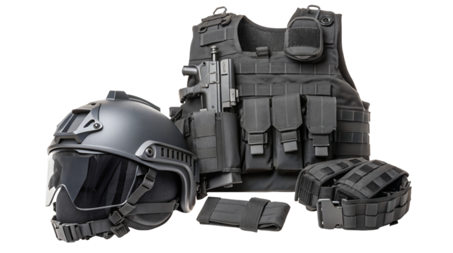 Modern tactical combat gear including helmet vest and accessories for safety and protection needs