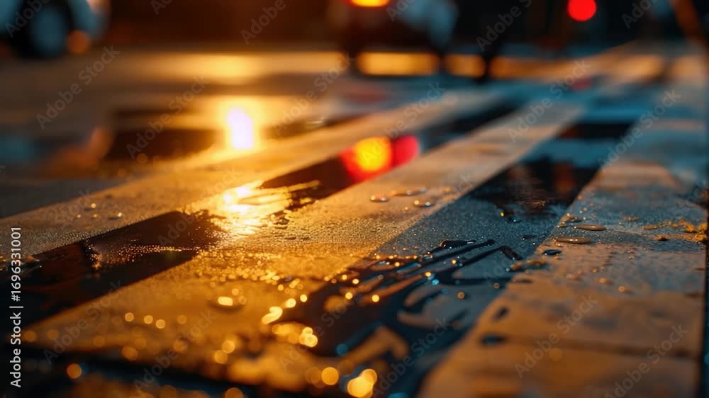 Poster a wet sidewalk with a street light in the background, suitable for use as a backdrop or atmosphere s