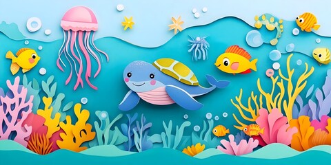 Fototapeta premium Playful Undersea Paper Art: A Colorful Aquatic Scene