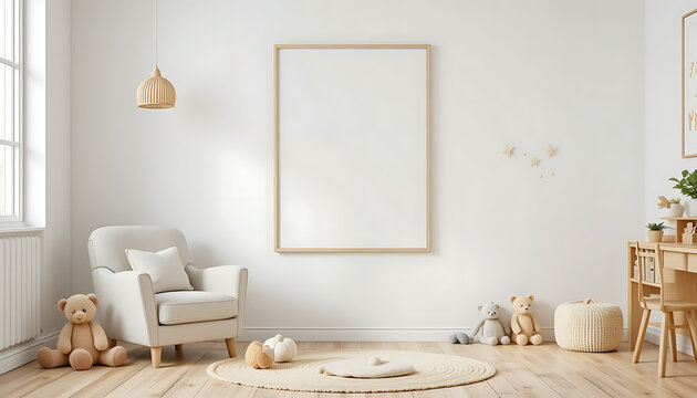 Interior mockup nursery room, kids room, wall frame mockup.