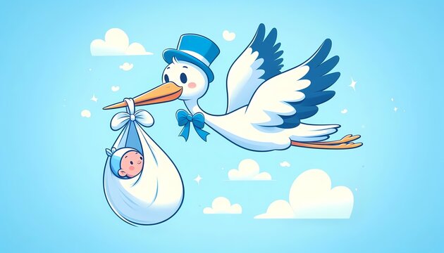 Charming cartoon stork delivering a newborn baby against a soft blue sky background