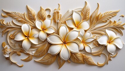 intricate golden and white floral bas relief design featuring plumeria flowers and ornate stucco leaves and stems on a textured off white background