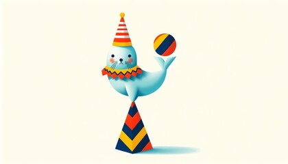 Cartoon circus seal balancing on a cone and playing with a ball illustration