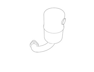 Monochrome wireframe schematic: Catalytic converter for gasoline and diesel engines. Crucial for modern car maintenance, pollution control, and clean air. Essential engineering drawing for auto repair