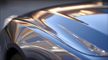 A highly polished car hood displays intricate reflections and smooth curves.