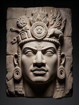 A 2D stone carving of Kinich Ahau, the Maya sun god. The portrait is in a classic bas-relief style, with intricate, angular lines and deep-cut shadows. 