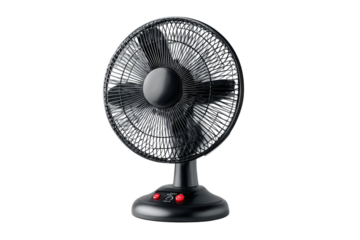 Black desk fan for home or office use cooling air circulation appliance against heat small modern