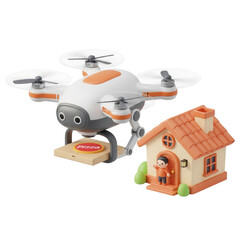 Drone Delivering Pizza To A Miniature House With A Person Standing Outside