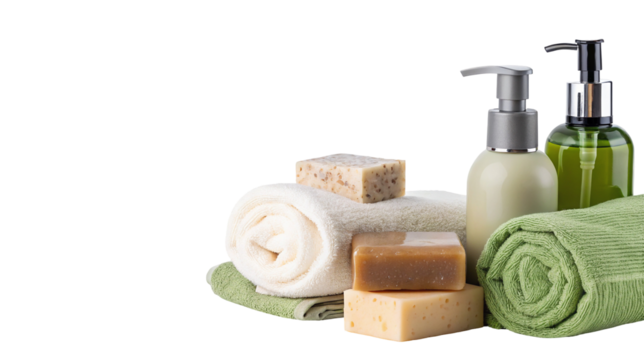 Luxurious spa essentials with natural soaps and soft towels for relaxing bath and body care routine
