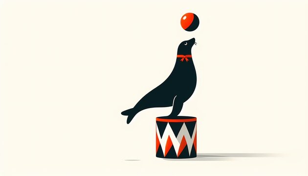 Stylized illustration of a seal balancing a ball on its nose in circus style illustration