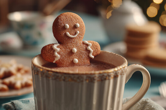 A gingerbread man in hot chocolate, sitting on the edge of an oversized mug with coffee inside