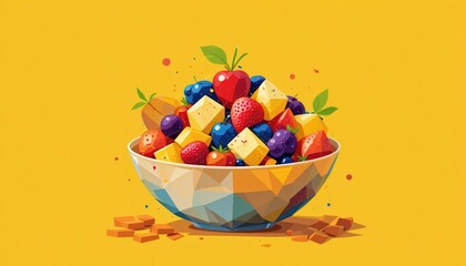Vibrant fruit salad in a decorative bowl on yellow background