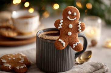 A gingerbread man in hot chocolate, sitting on the edge of an oversized mug with coffee inside