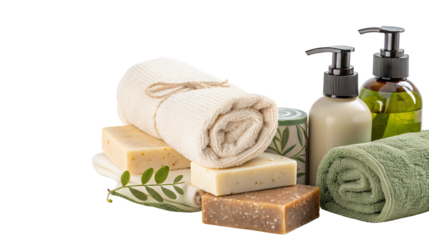 Eco-friendly bath essentials with soap bars and towels for natural home spa experience products