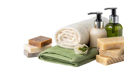 Spa essentials with towels and natural soap for a relaxing bathroom retreat experience at home