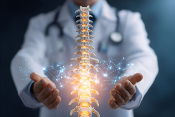 Doctor presents glowing spine model in hospital, showcasing medical technology and innovation for spinal health with a futuristic feel.