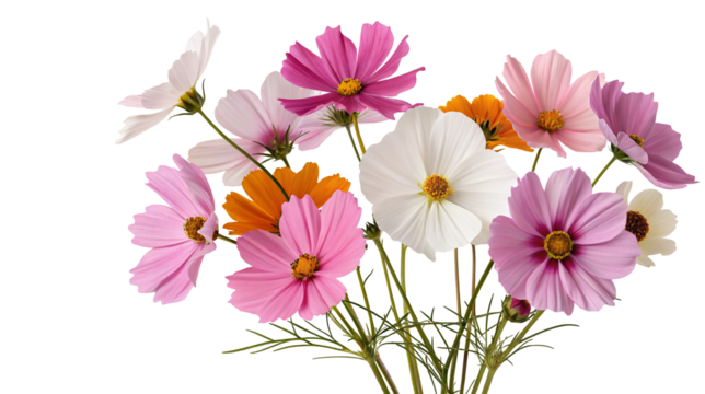 Beautiful cosmos flowers bouquet with vibrant colors and green foliage on a white background