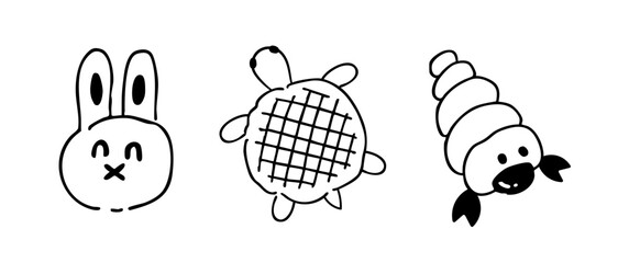 動物パンの線画イラストセット（うさぎ・かめ・キャラクターパン・ベクター素材）
