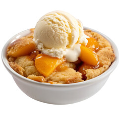 Delicious peach cobbler dessert served with vanilla ice cream in a white bowl for sweet indulgence