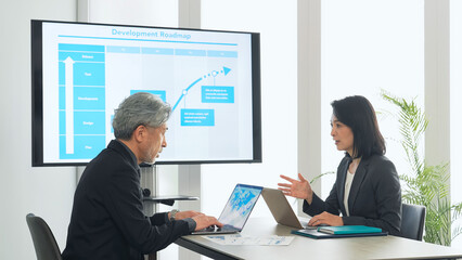 business, conference, meeting, management, marketing, japanese, asian, teamwork, consultation, monitor, large screen, slides, presentation, negotiation, sales, company, conference room, project, strat