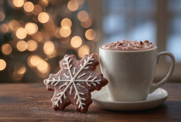 A snowflake-shaped cookie with hot cocoa in a white mug on a wooden table against a blurred background