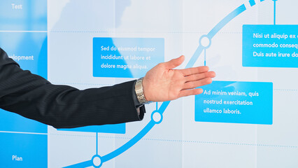 A male business person giving an explanation in front of a large screen monitor