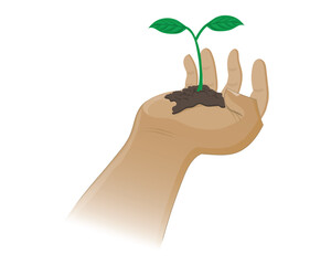 Vector illustration design of a hand holding a plant shoot with green leaves and soil at the bottom