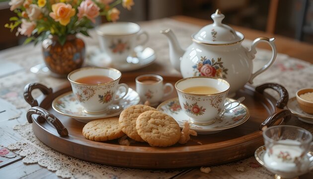 Traditional tea set with cookies on wooden tray
- Powered by Adobe