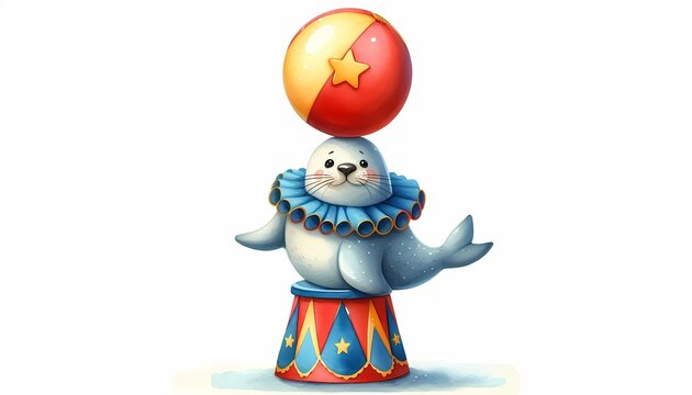 Adorable circus seal balancing a colorful ball on its head in a charming illustration