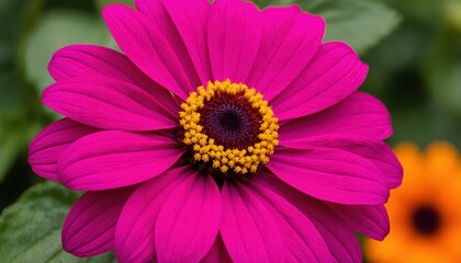 Blooming zinnia flower in vibrant pink color botanical garden close-up photography natural environment top-down view