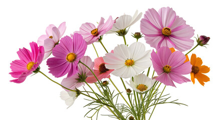 Vibrant blooms of colorful cosmos flowers in lush garden setting with bright petals and greenery