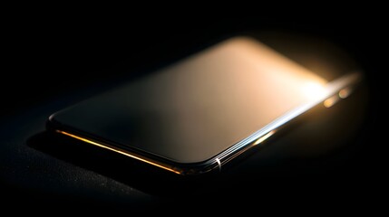 A sophisticated smartphone, angled, bathed in warm light, highlights its sleek, golden edges against a dark backdrop.