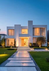 Modern white house at dusk, lit by warm exterior lighting.  Tranquil, contemporary architecture with a landscaped lawn