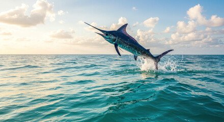 Fototapeta premium A marlin leaps from turquoise ocean water under a cloudy sky