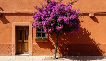 Fototapeta premium Blooming bougainvillea tree against rustic orange wall urban setting photography bright day vibrant colors