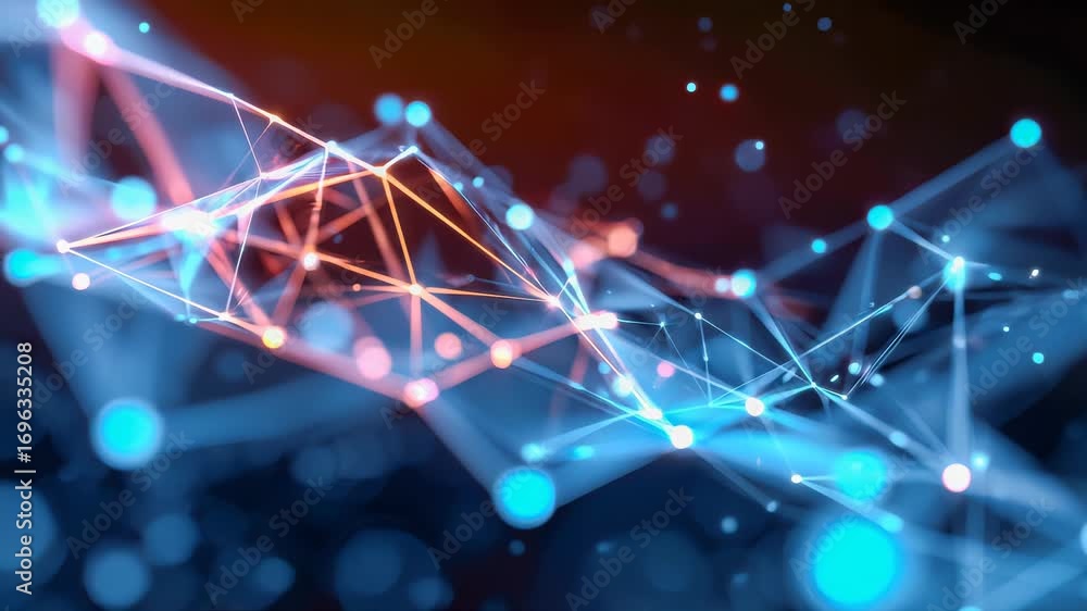 Poster abstract glowing network of interconnected nodes and lines in blue and orange, symbolizing technolog