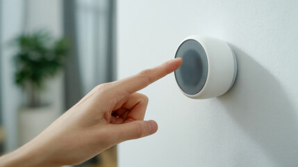 Hand of a person adjusting a modern smart thermostat on a white wall, showcasing energy efficiency and smart home technology in a contemporary living space